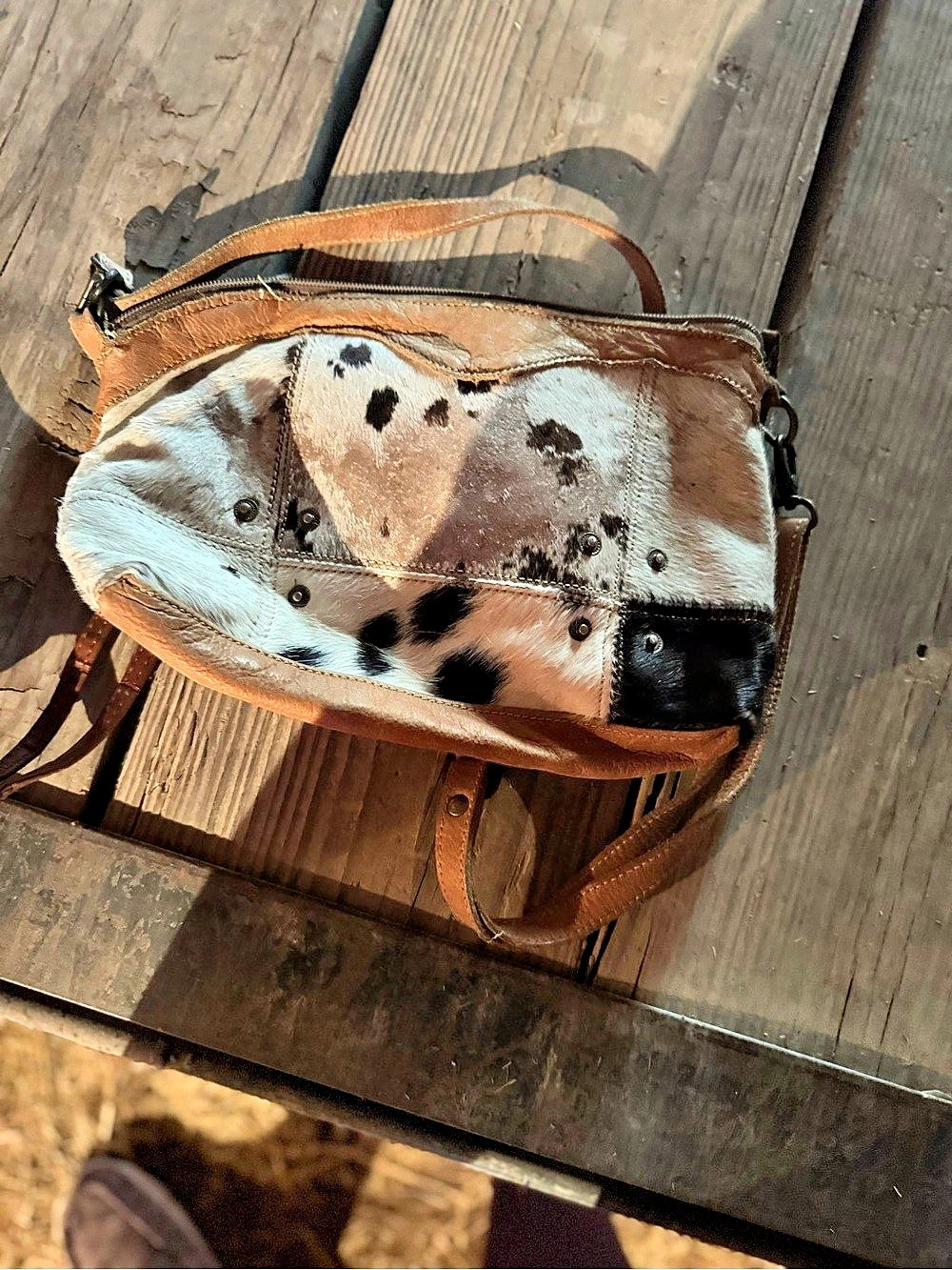 Cowhide Crossbody Bag in Brown & White